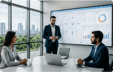 Vistaura team reviewing AI systems in a boardroom